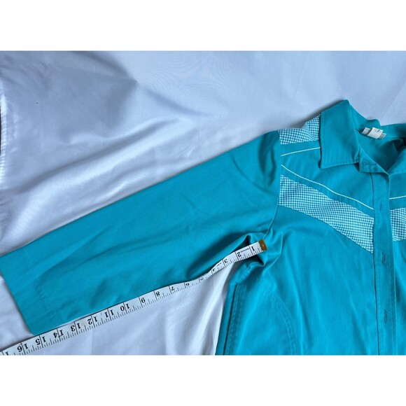 Vintage G.W. Gingham Turquoise Blue Shacket Button Down Quirky 80s Petite L - Picture 7 of 9